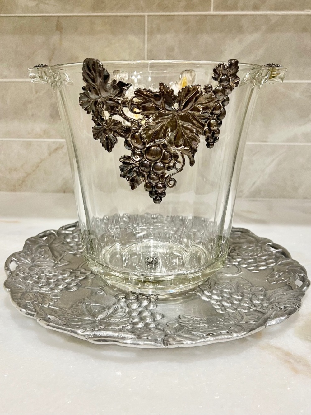 Arthur Court Glass Grape Ice Bucket & Matching 12" Platter Set